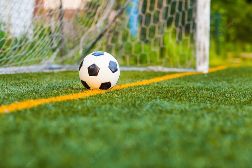 Bola de futebol sobre a linha do gol, rede ao fundo e gramado