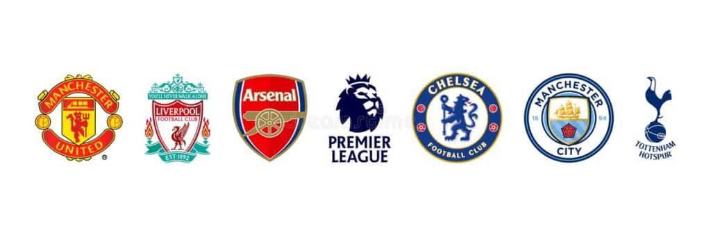 Escudos de Manchester United, Liverpool, Arsenal, da Premier League, Chelsea, Manchester City e Tottenham, alinhados em fileira