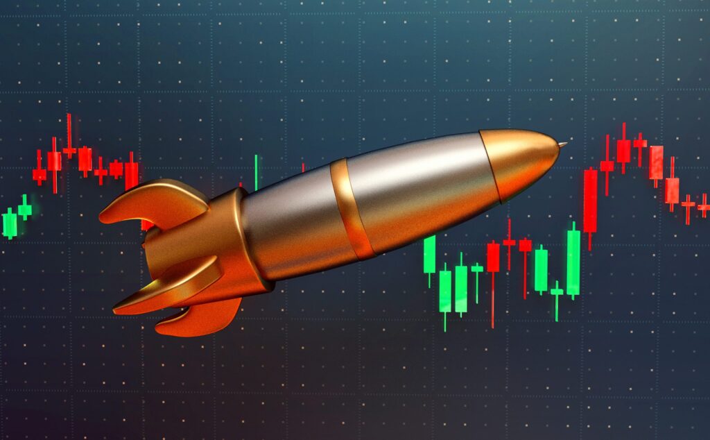 Ilustração de foguete com gráfico de trade ao fundo